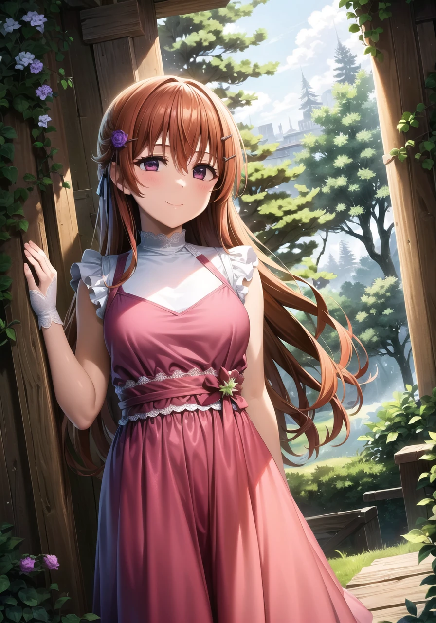 (masterpiece, best quality, ultra-detailed), (illustration), (beautiful detailed eyes), 1girl, solo, konoe kanata, long hair, bangs, purple eyes, orange hair, hair ornament, <lora:Kanata_V1.2:0.75>, medium breasts
dress,
light smile, cowboy shot, tareme, 
outdoors, (trees, greenery:1.3), depth of field,  <lora:1651489307798708599 (1):0.6> <lora:add_detail:0.4> <lora:GoodHands-vanilla:1> <lora:tareme:0.4>