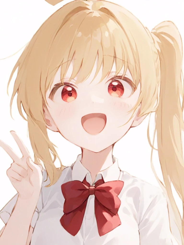 <lora:hongxia:1>,1girl, solo, bow, blonde_hair, shirt, bowtie, red_bow, white_background, red_eyes, looking_at_viewer, short_sleeves, smile, red_bowtie, upper_body, white_shirt, collared_shirt, open_mouth, simple_background, bangs, school_uniform, long_hair, :d, hand_up