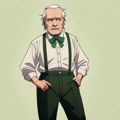 <lora:suspenders_v1:0.5>, suspenders, green pants, old man, bow