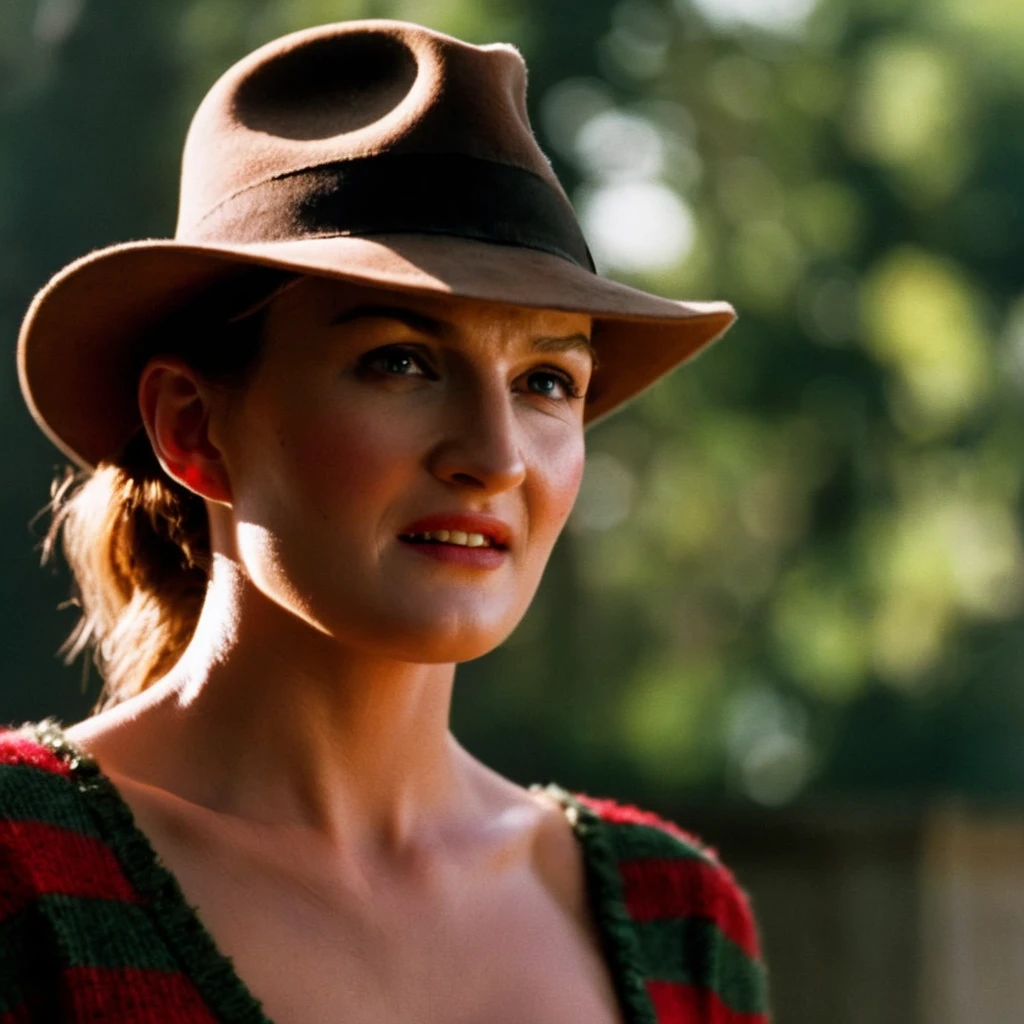 cinematic film still of <lora:Freddy Krueger:1>
Freddy Krueger a naked woman in a hat and striped shirt with perfect naked breasts and perfect nipples from A Nightmare on Elm Street movie , shallow depth of field, vignette, highly detailed, high budget, bokeh, cinemascope, moody, epic, gorgeous, film grain, grainy