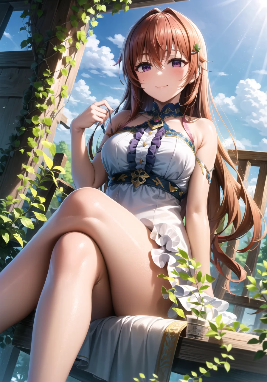 (masterpiece, best quality, ultra-detailed), (illustration), (beautiful detailed eyes), 1girl, solo, konoe kanata, long hair, bangs, purple eyes, orange hair, hair ornament, <lora:Kanata_V1.2:0.75>, medium breasts
dress,
light smile, cowboy shot, tareme, (sitting, crossed legs:1.3)
outdoors, day, blue sky, (greenery:1.3), depth of field,  <lora:1651489307798708599 (1):0.6> <lora:add_detail:0.4> <lora:GoodHands-vanilla:1> <lora:tareme:0.4>