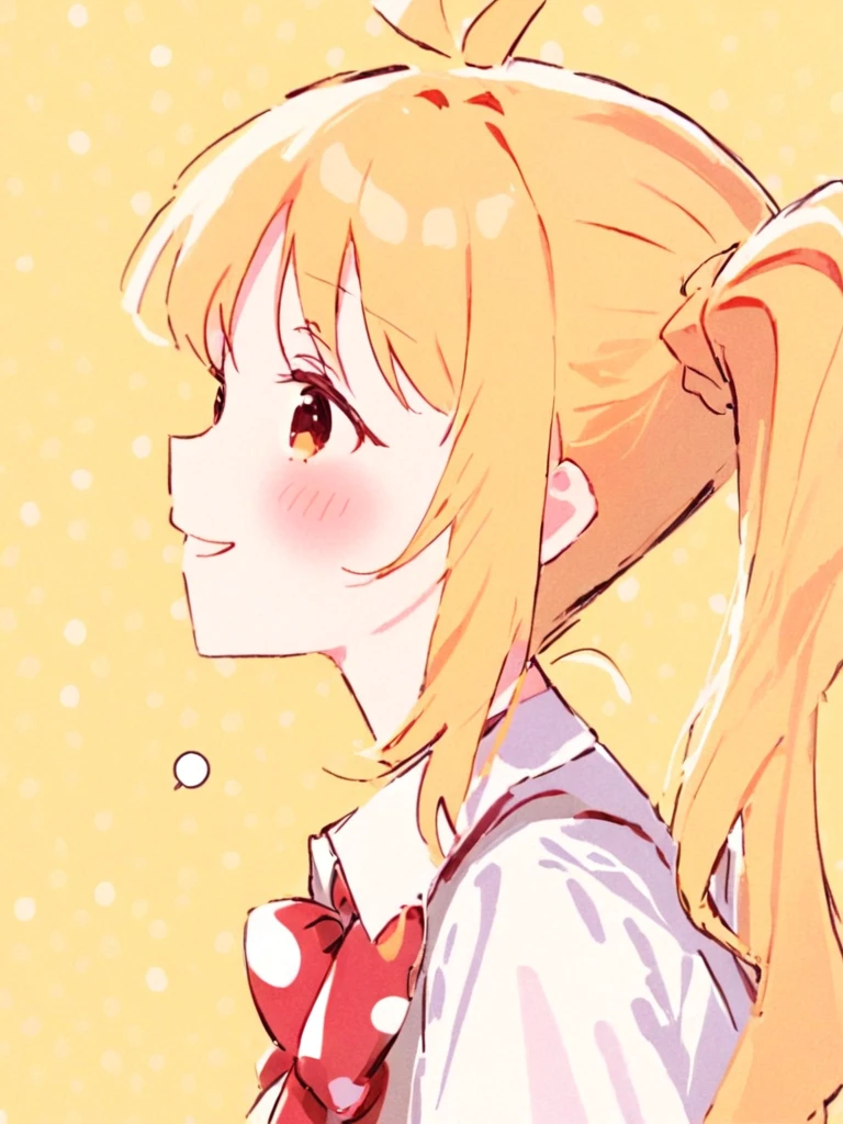 <lora:hongxia:1>,1girl, ijichi_nijika, solo, shirt, long_hair, bow, blonde_hair, red_bow, side_ponytail, collared_shirt, white_shirt, smile, ahoge, bangs, polka_dot, upper_body, yellow_background, closed_mouth, sidelocks, blush, profile, school_uniform, polka_dot_background, from_side, twitter_username