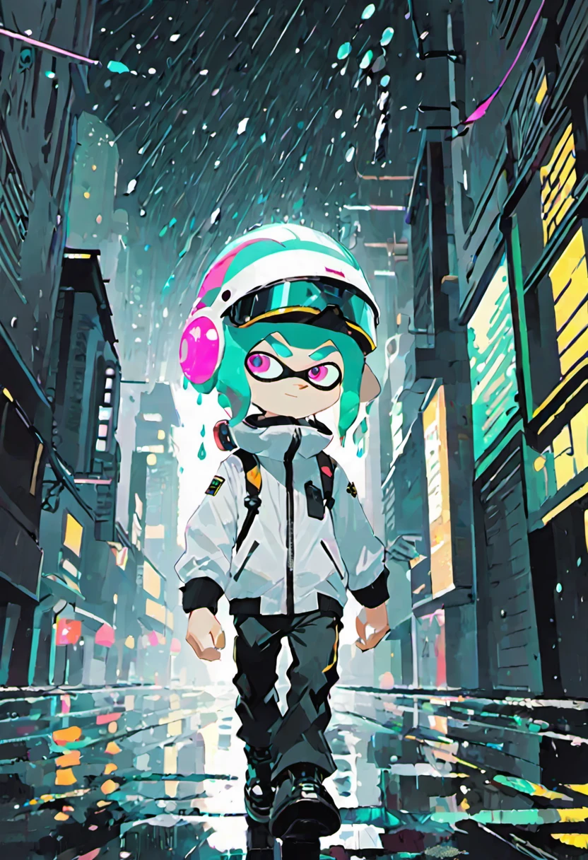 <lora:splatoonxl28-000014:1> depth of field, a solo inkling boy with teal hair and pink eyes and short hair walking in a sci-fi city, wearing white aviation helmet with visor, whole body, night time, raining, grimdark