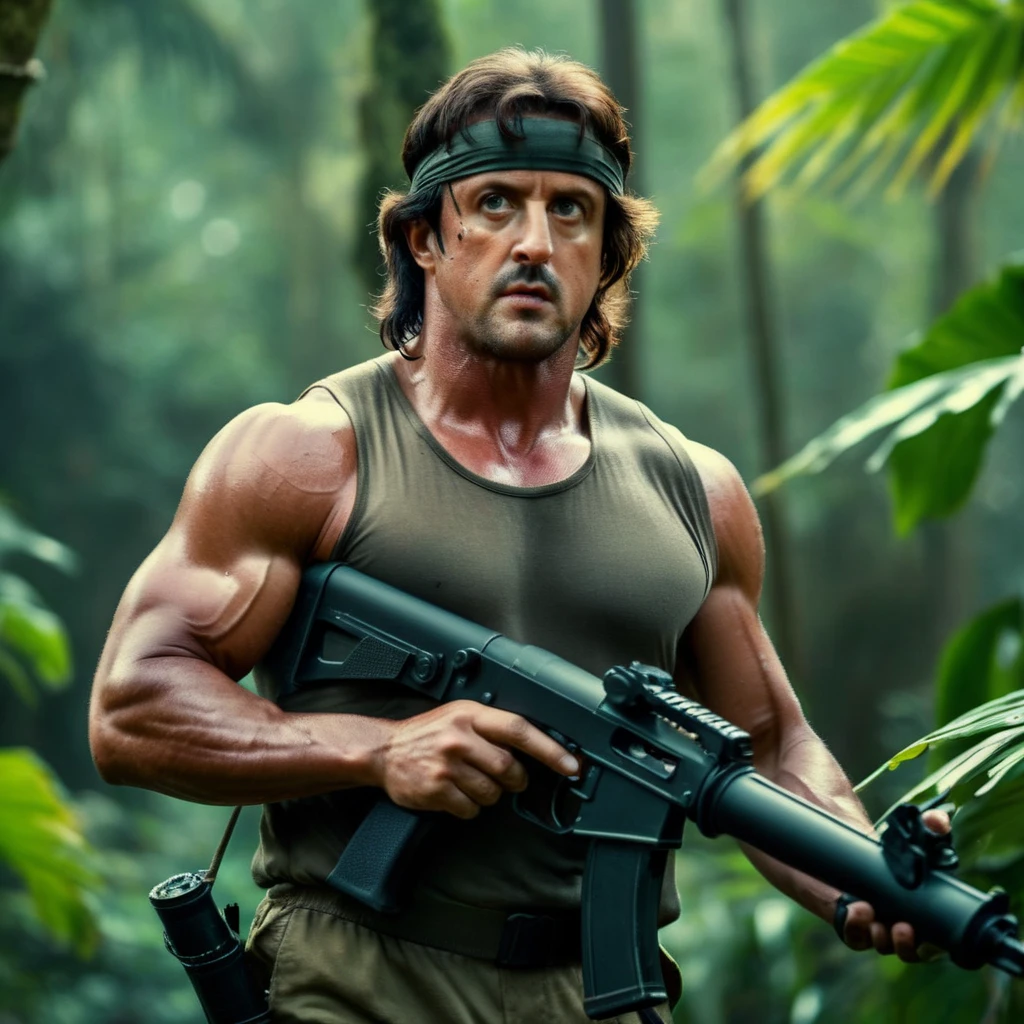 cinematic film still of <lora:Rambo:1>
Rambo a man holding a Rocket-propelled grenade rpg in a jungle, shallow depth of field, vignette, highly detailed, high budget, bokeh, cinemascope, moody, epic, gorgeous, film grain, grainy
