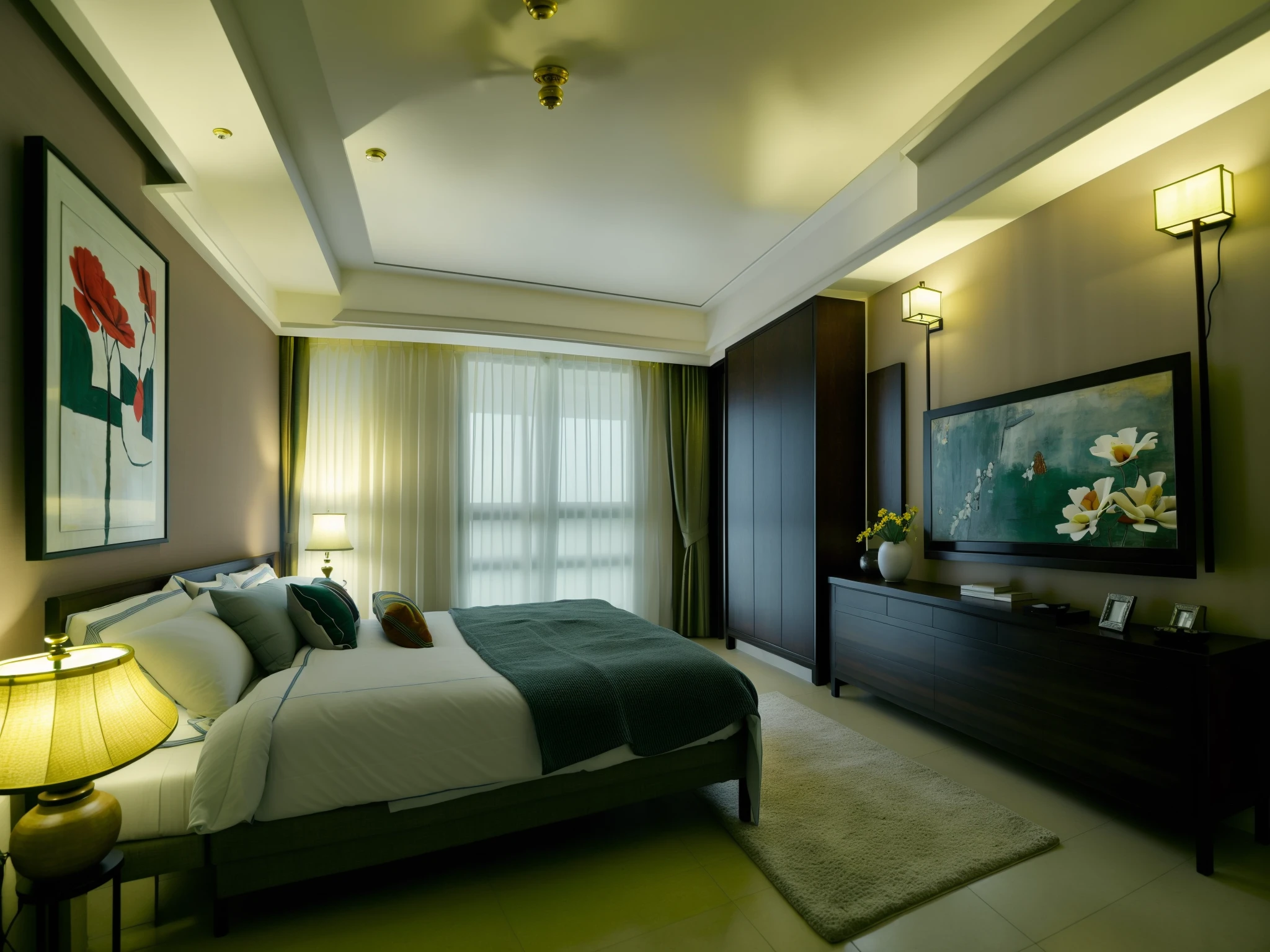 ((best quality)),((masterpiece)),((realistic)),, photorealistic, sky, balcony,
,indoor scenery, indoor ,wall ,rug , lamp, flower, vase , chair,ceiling light, television ,bed, window ,curtain, pillow,balcony, <lora:JJsBedroom:.6>,bedroom, ((chinese Style)) , <lora:C_chineseStyle:.3>