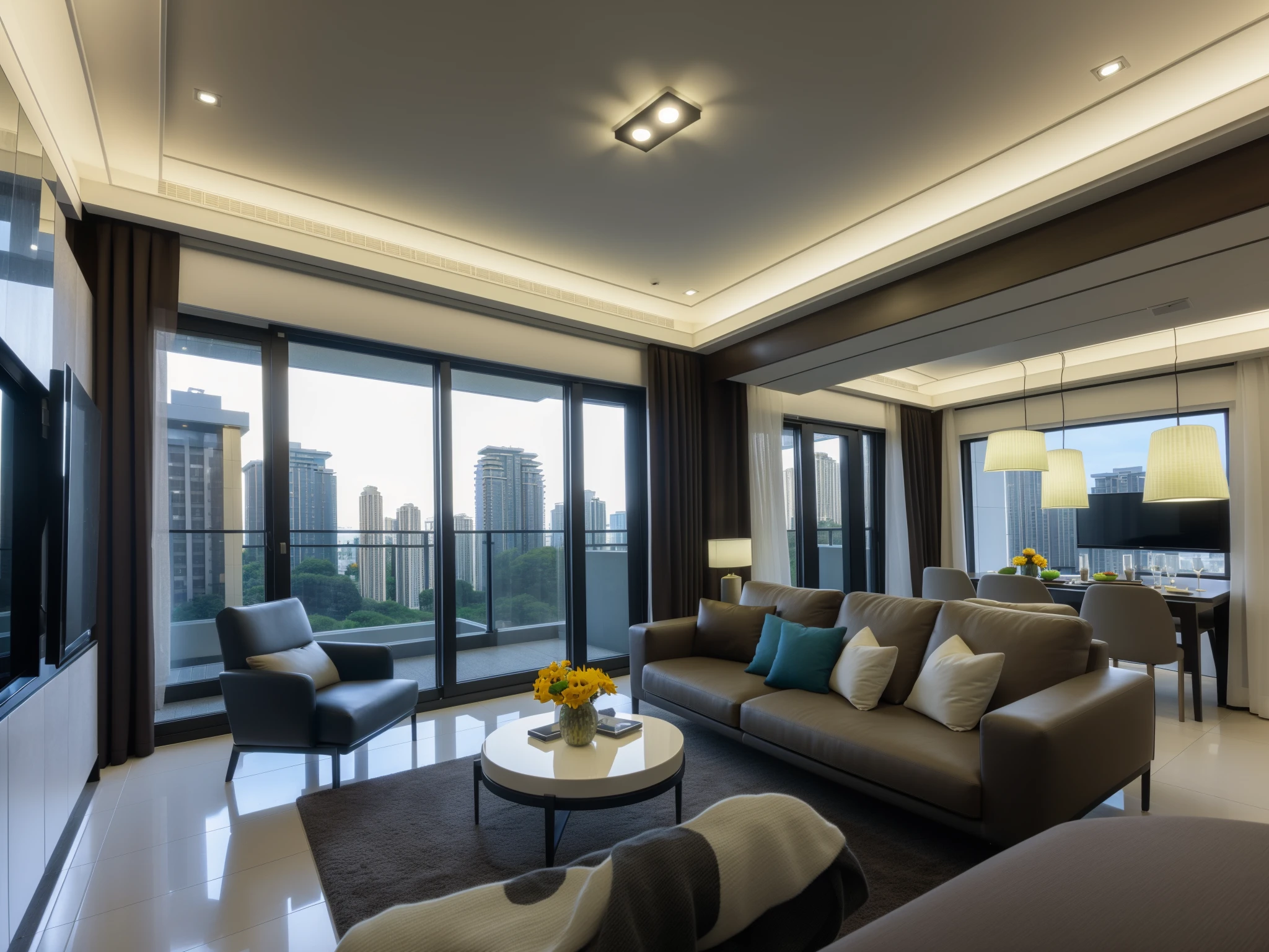 ((best quality)),((masterpiece)),((realistic)),, photorealistic, sky, balcony,
,indoor scenery, indoor ,wall ,rug , lamp, flower, vase , chair,ceiling light, television ,sofa, window ,curtain, pillow,balcony, <lora:JJsLivingRoom:.6>,living room, ((modern Style)) , <lora:JJsModernStyle:.4>,((m117)),