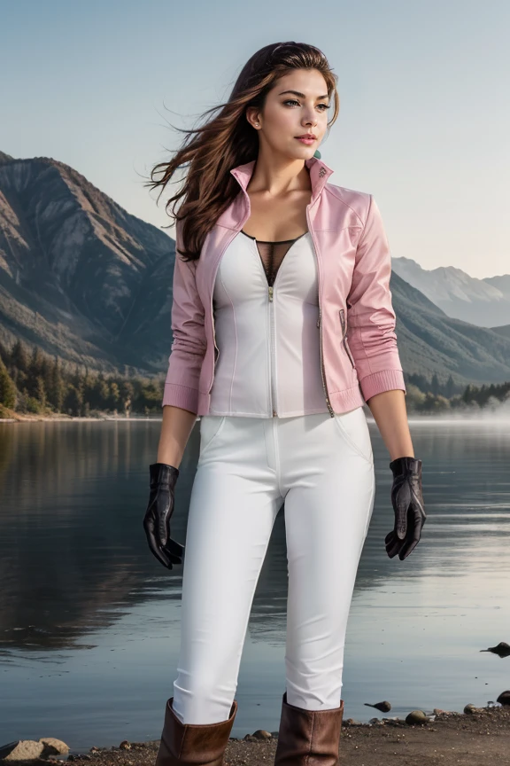 1 woman, detailed, realistic, standing, full body shot, Dawn, misty lakeside with a backdrop of mountains bathed in soft light.
<lora:Red Zip Elegance by Stable Yogi:0.8> pink jacket, black gloves, white pants, brown knee boots, zipper cleavage