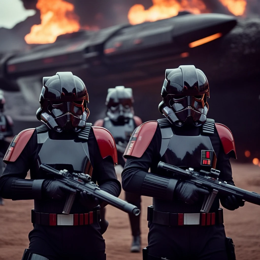 cinematic film still of  <lora:Inferno Squad:1.2>
Inferno Squad a group of Inferno Squad troopers in star wars outfits with guns with wrecked space ship in the background, shallow depth of field, vignette, highly detailed, high budget, bokeh, cinemascope, moody, epic, gorgeous, film grain, grainy