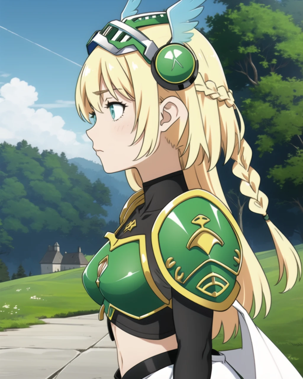 masterpiece, high quality, 1girl, intricated, detailed eyes, mgrcolga, close shot, portrait, side view, outdoors, medieval, village, sleeveless, walking, blonde hair, blue eyes, long hair, twin braids, grey pants, grey crop top, green plate armor, green helmet with blue recorative wings, green plate shoulder pads, wide long white skirt with red edgings, <lora:mgrcolga-000018:0.8>
