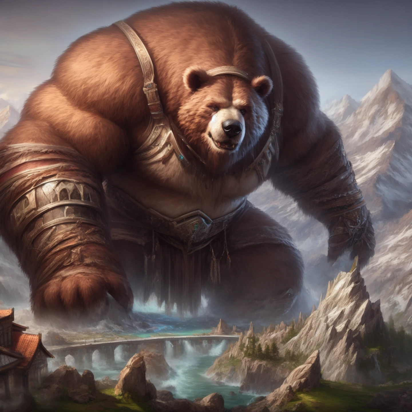 (by Taran Fiddler), (by chunie), (by darkgem), (An anthropomorphic bear hikes through a mountain pass in a lush countryside.), bottomless, wide hips, belly, chubby, short legs, big paws, male, hiking gear, traveler, solo, older male, glasses, old, elderly