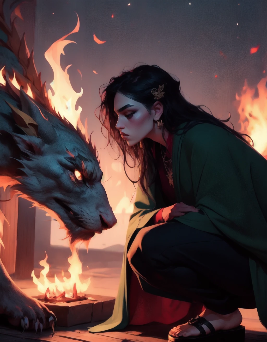 smoke, dragon, long hair, jewelry, black hair, earrings, eastern dragon, floating hair, sandals, solo, 1girl, hair ornament, pants, artist name, realistic, 1boy, long sleeves, looking afar, looking away, profile, full body, watermark, parted lips, wind, male focus, squatting, web address, from side, dust, robe, holding, lips, fire, star (sky), nose, signature, black footwear, glowing, hand up, black pants, sky, eyelashes,
speedpaint