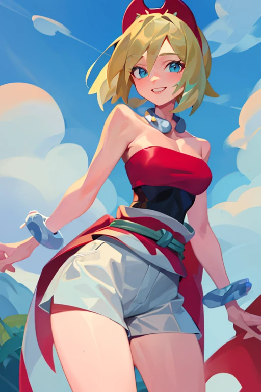 <lora:Iota:0.6>, , ((masterpiece,best quality)), absurdres, <lora:irida_(pokemon)_v1:0.7>, aairida, short hair, red hairband, neck ring, collar, strapless shirt, red shirt, bracelet, sash, waist cape, white shorts, bare legs, solo, smiling, looking at viewer, cowboy shot, ,