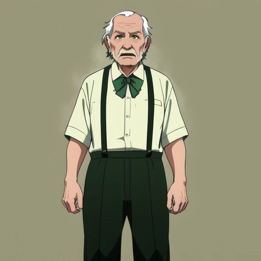<lora:suspenders_v1:0.5>, suspenders, green pants, old man, bow