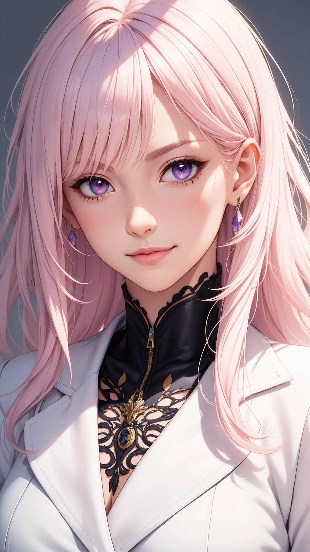(masterpiece, best quality), intricate details, thin, ((slim)), beautiful girl, Light pink hair, white skin, light purple eyes, sharp jawline, cropped jacket, messy hair, lips, upper body, close up, smirk