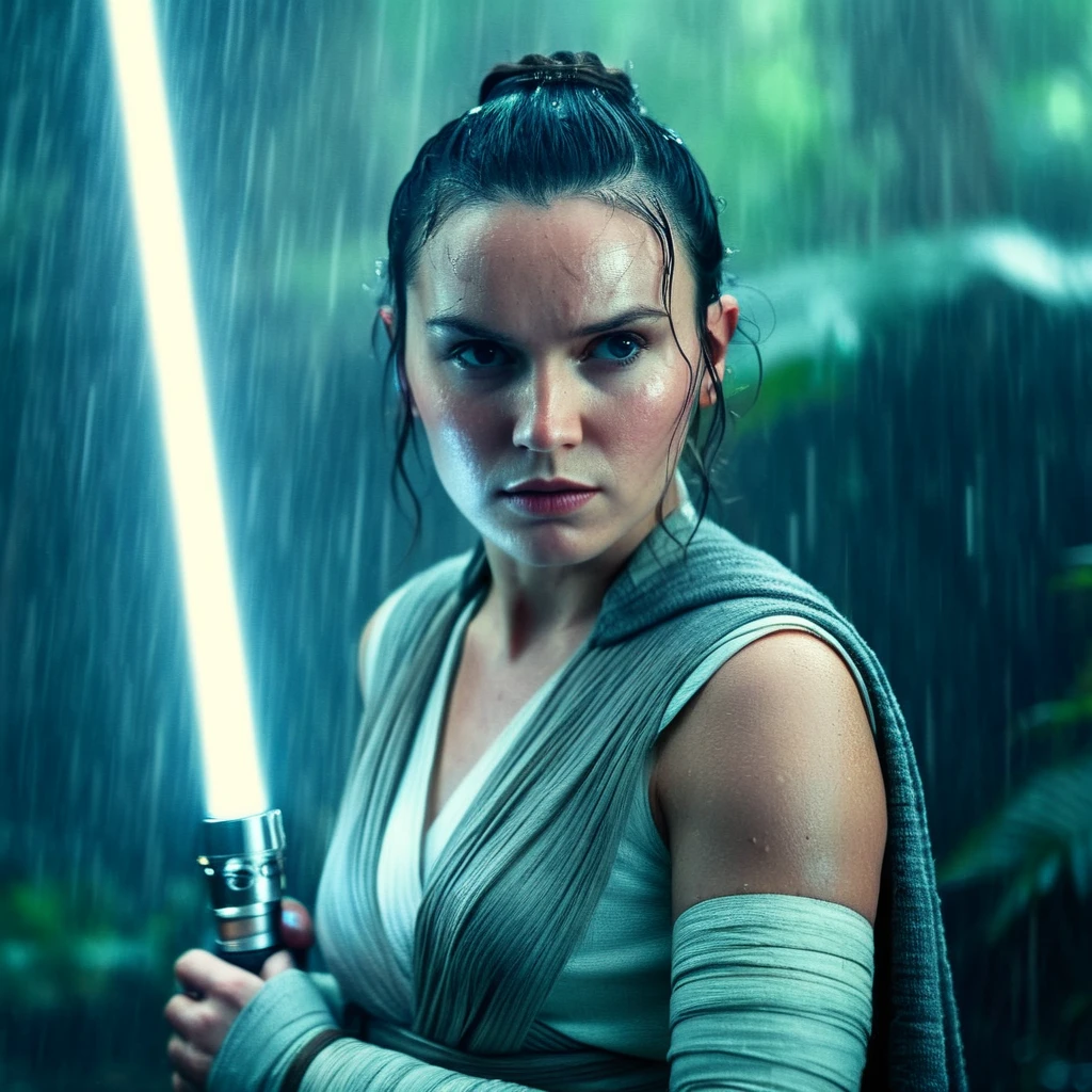 cinematic film still of <lora:star wars style:1.5>
In star wars universe Rey a woman with a light saber standing in the rain in an epic battlefront scene star wars style, shallow depth of field, vignette, highly detailed, high budget, bokeh, cinemascope, moody, epic, gorgeous, film grain, grainy