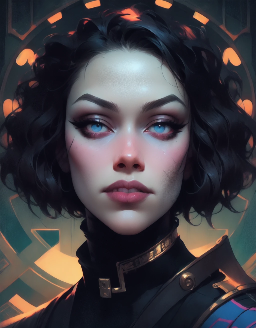 detailed portrait of a young woman, art deco, detailed eyes, beautiful eyes, lips straight down, wide angle, sharp focus, by victo ngai, kilian eng vibrant colours, dynamic lighting, digital art, winning award masterpiece, fantastically beautiful, illustration, aesthetically inspired by beksinski and dan mumford, trending on artstation, art by greg rutkowski, 8k,
speedpaint