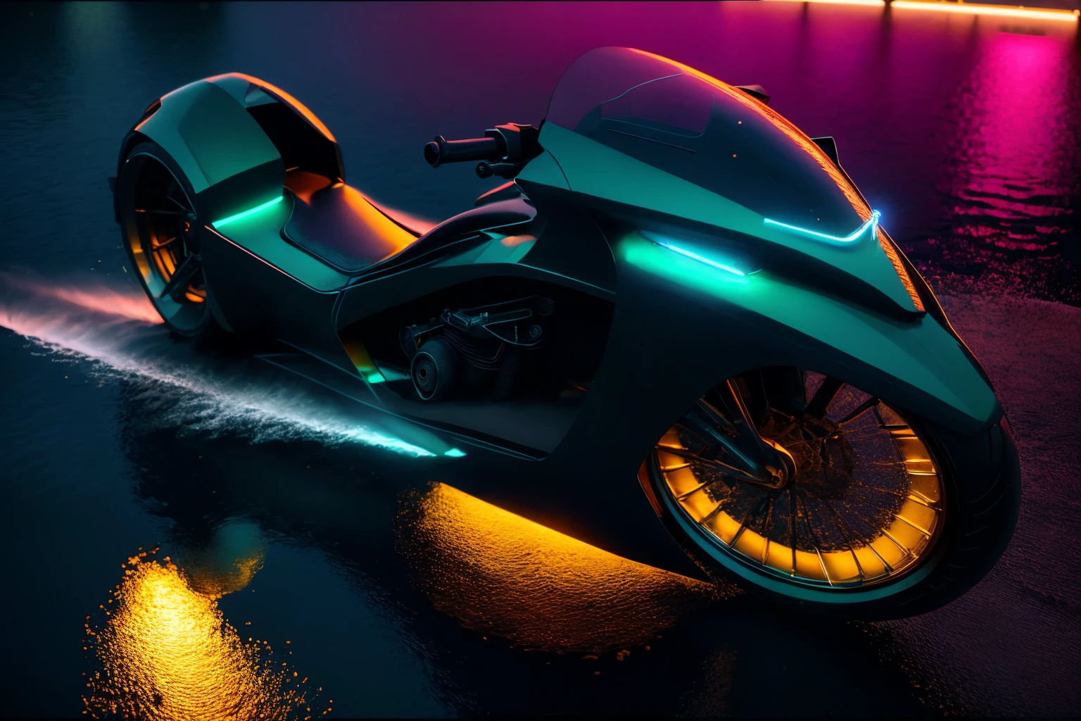 <lora:FutureSuperBike_v3-000009:1> masterpiece, photorealistic highly detailed 8k photography, best cinematic quality, volumetric lighting, volumetric shadows, ftsbk, neon lighting, Festival Fireworks Reflected in Water background, Birdâs-eye view
