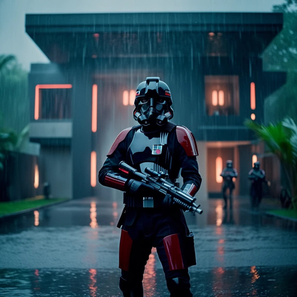 cinematic film still of  <lora:Inferno Squad:1.2>
Inferno Squad a Inferno Squad trooper standing outside a building with heavy rain, shallow depth of field, vignette, highly detailed, high budget, bokeh, cinemascope, moody, epic, gorgeous, film grain, grainy