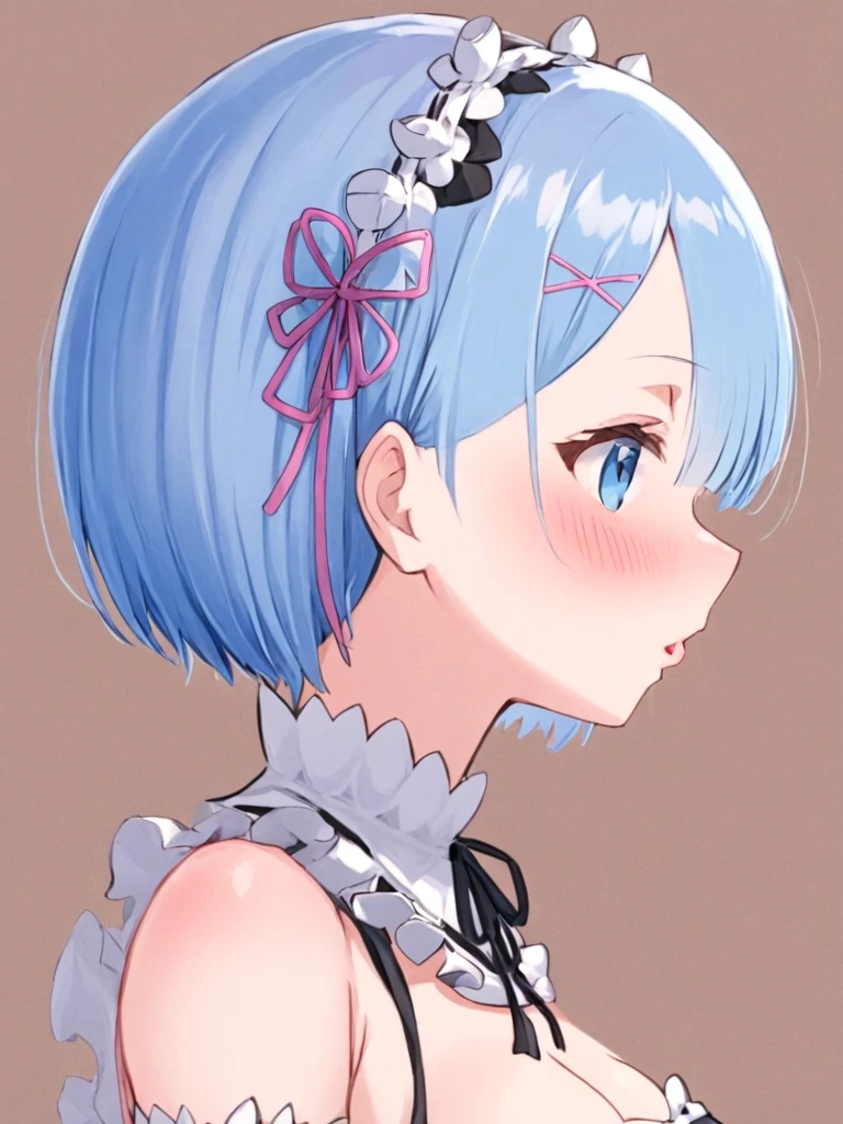 <lora:rem:1>,1girl, rem_\(re:zero\), solo, short_hair, blue_hair, breasts, blue_eyes, ribbon, hair_ornament, cleavage, x_hair_ornament, from_side, simple_background, roswaal_mansion_maid_uniform, profile, hair_ribbon, upper_body, bangs, black_ribbon, pink_ribbon, neck_ribbon, blush, maid, medium_breasts, detached_collar, bare_shoulders, brown_background, maid_headdress, parted_lips