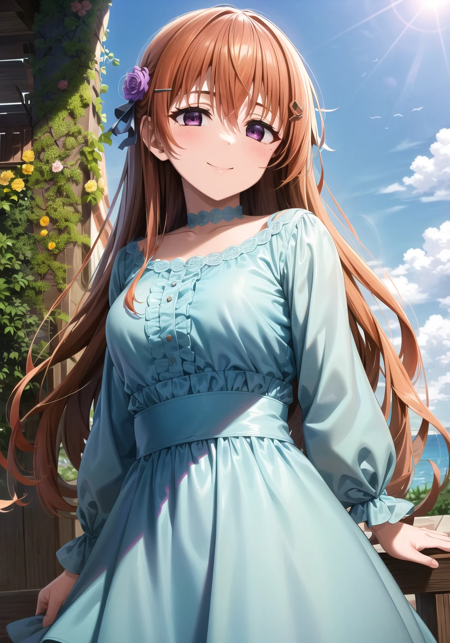 (masterpiece, best quality, ultra-detailed), (illustration), (beautiful detailed eyes), 1girl, solo, konoe kanata, long hair, bangs, purple eyes, orange hair, hair ornament, <lora:Kanata_V1.2:0.75>, medium breasts
dress,
light smile, cowboy shot, tareme
outdoors, day, blue sky, (greenery:1.3), depth of field,  <lora:1651489307798708599 (1):0.6> <lora:add_detail:0.4> <lora:GoodHands-vanilla:1> <lora:tareme:0.4>