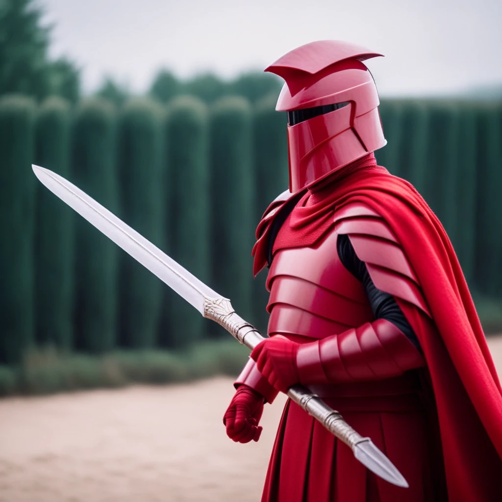 cinematic film still of <lora:Elite Praetorian Guard:1.5>
Elite Praetorian Guard a man in a red cape holding a large pike, shallow depth of field, vignette, highly detailed, high budget, bokeh, cinemascope, moody, epic, gorgeous, film grain, grainy