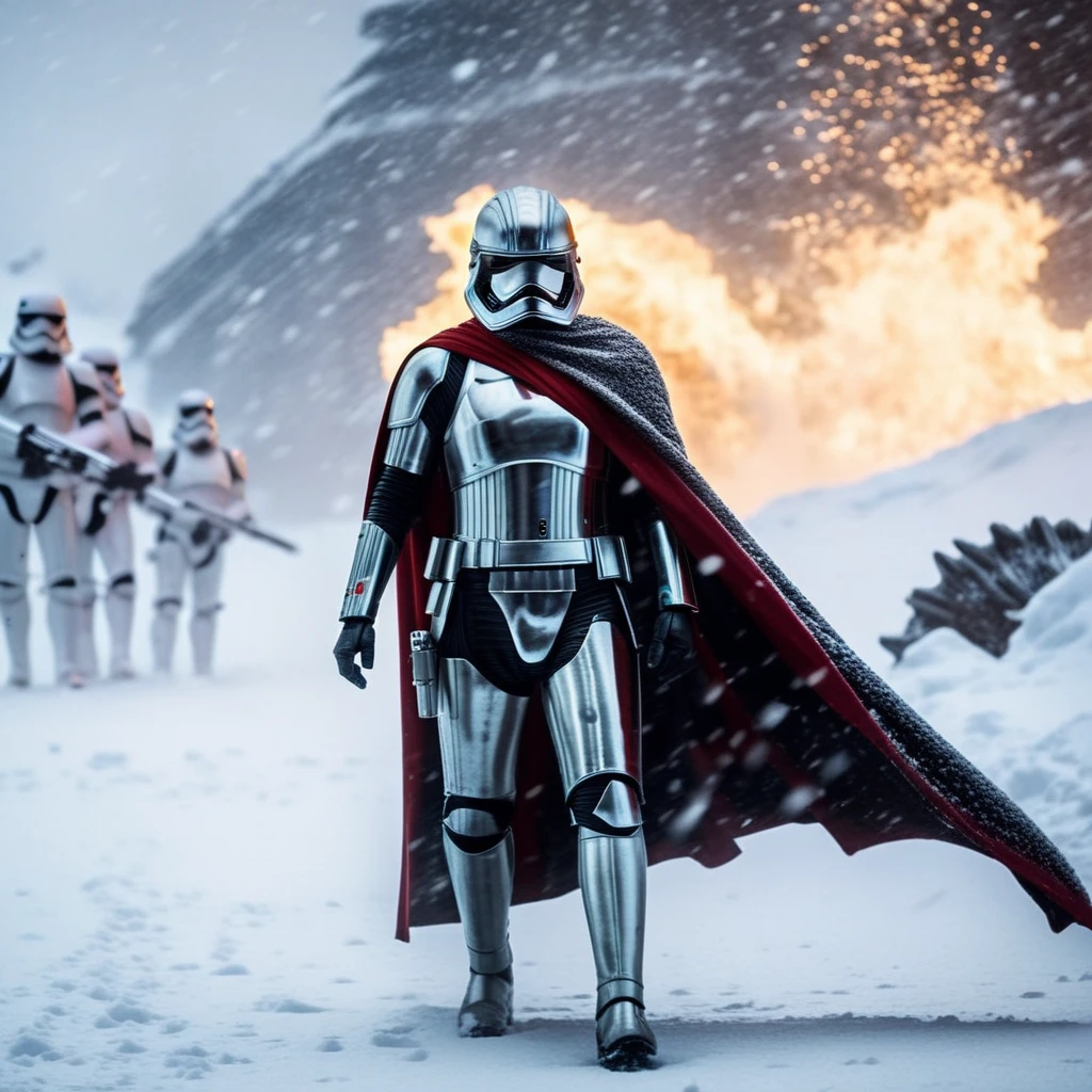 cinematic film still of <lora:Captain Phasma:1>
Captain Phasma a woman in a silver trooper armor and a cape is standing in front of a dragon in the middle of a snow storm In Star Wars Universe, shallow depth of field, vignette, highly detailed, high budget, bokeh, cinemascope, moody, epic, gorgeous, film grain, grainy