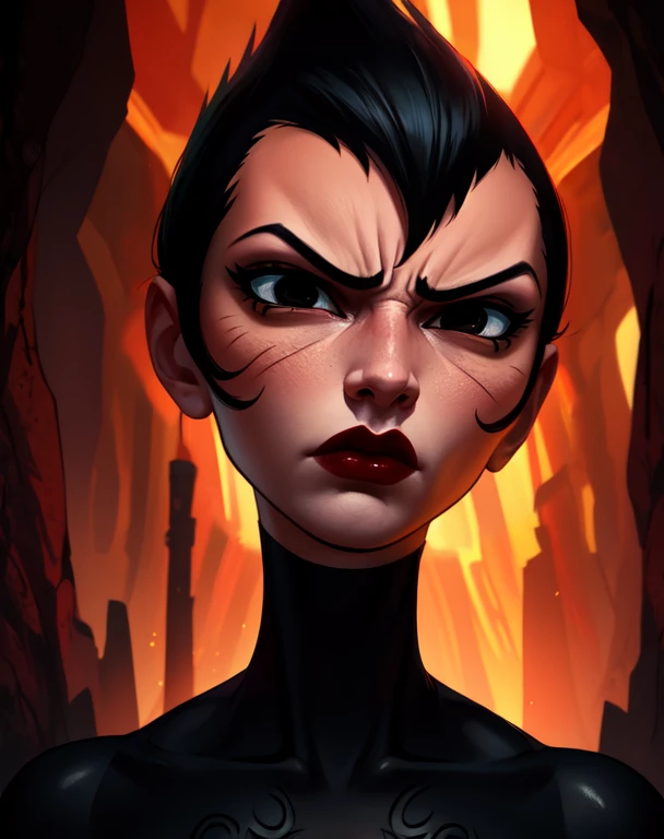 Ashi,short black hair,pointy hair,red lipstick,black eyes,serious expression,standing,upper body,black body paint,dark caves,red lighting,dark corners,
(insanely detailed, beautiful detailed face, masterpiece, best quality),<lora:Ashi-10SJ:0.8>,