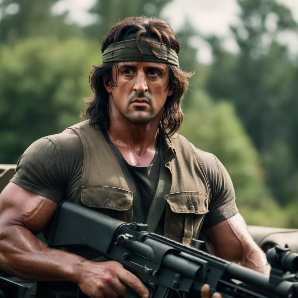 cinematic film still of <lora:Rambo:1>
Rambo a man with a big mounted machine gun on a truck, shallow depth of field, vignette, highly detailed, high budget, bokeh, cinemascope, moody, epic, gorgeous, film grain, grainy