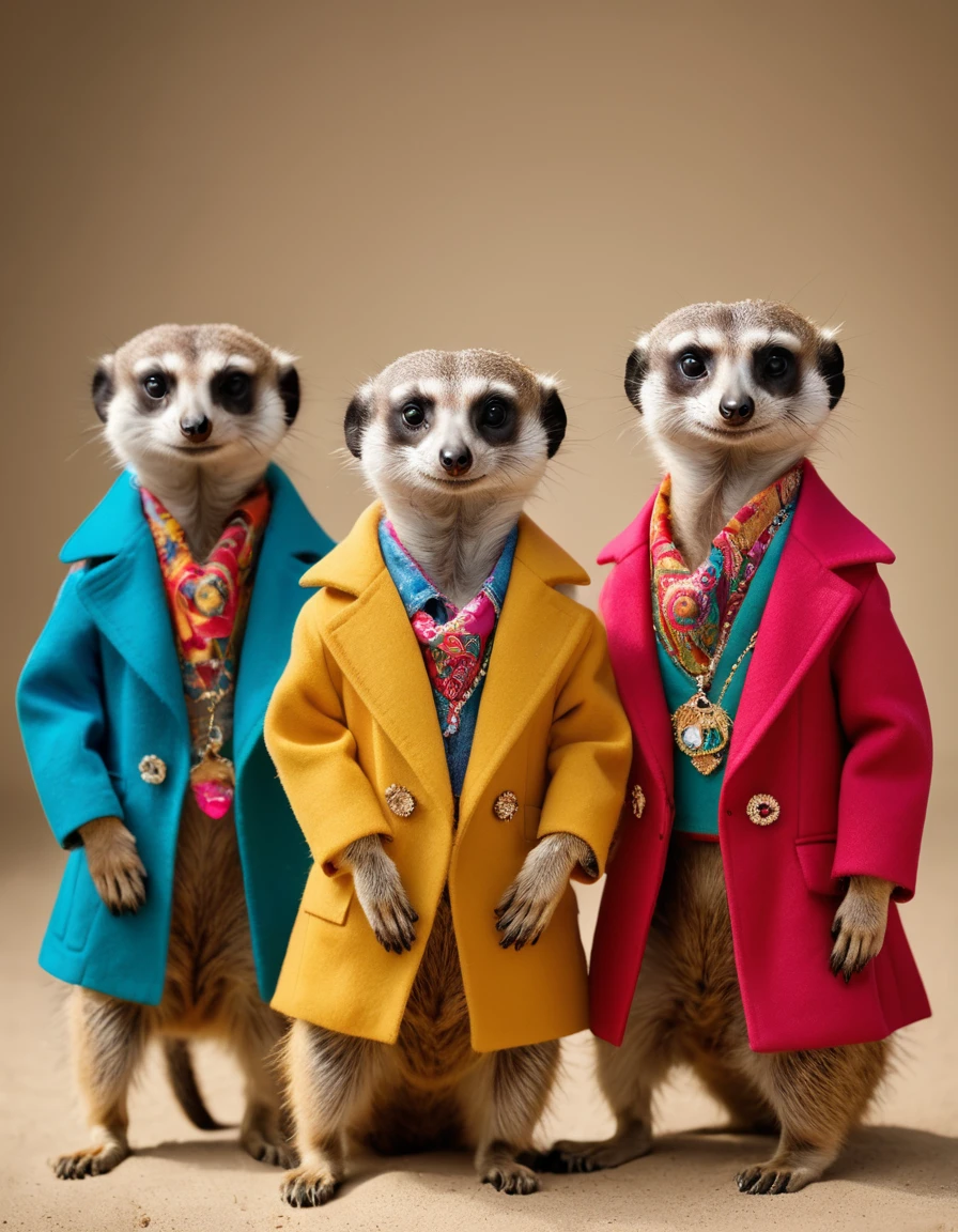 A whimsical assembly of (fashion-forward meerkats:1.3), each adorned in (vibrant, stylish outfits:1.2), posing with charismatic flair, a colorful cavalcade against a (solid, uncluttered background:1.1), offering ample (copy text space:1.1), a playful juxtaposition, animal kingdom meets haute couture, vivid tones, sharp focus, Nikon D850, 1/500s, f/4, ISO 200, studio lighting, high-resolution detail, quirky charm, digital photography, professional composition, eye-catching contrast, creative advertising potential,