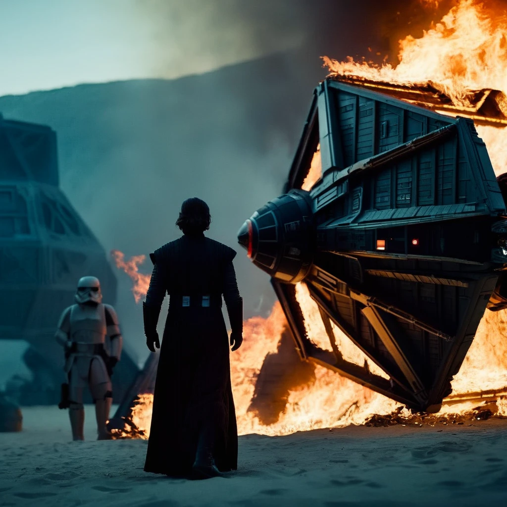 cinematic film still of <lora:star wars style:1.5>
In star wars universe a jedi standing in front of a wrecked TIE fighter set on fire star wars style, shallow depth of field, vignette, highly detailed, high budget, bokeh, cinemascope, moody, epic, gorgeous, film grain, grainy