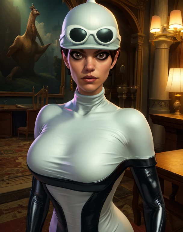 sally,blue eyes,
black and white bodysuit,latex,head strap,white hat with goggles,
sitting,smile,
(insanely detailed, beautiful detailed face, masterpiece, best quality),<lora:SallyBoyle-10WHF:0.7>,