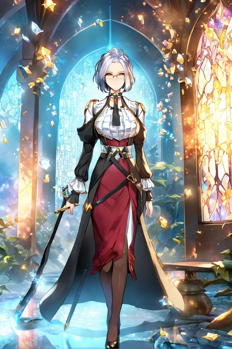 <lora:e7 Sigret XL:0.8> e7 Sigret, walking in a magic  lab, high definition photo, ultra detailed skin, ultra detailed face, small skin imperfections