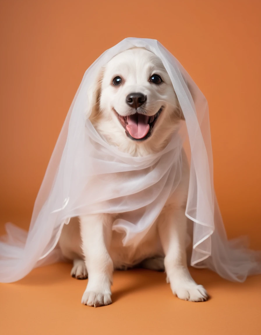 A photo of a (joyful puppy:1.3), dressed in a (whimsical ghost costume:1.2), radiating happiness, isolated against a (vibrant orange background:1.1), capturing the spirit of Halloween, (wide-eyed excitement:1.1), playful demeanor, charming simplicity, soft fur, fabric fluttering, seasonal delight, Canon EOS R5, 1/500s, f/4.0, ISO 200, high saturation, crisp focus, engaging subject, pet photography charm, holiday-themed, minimal shadows, digital photography, warm tones, captivating cuteness,