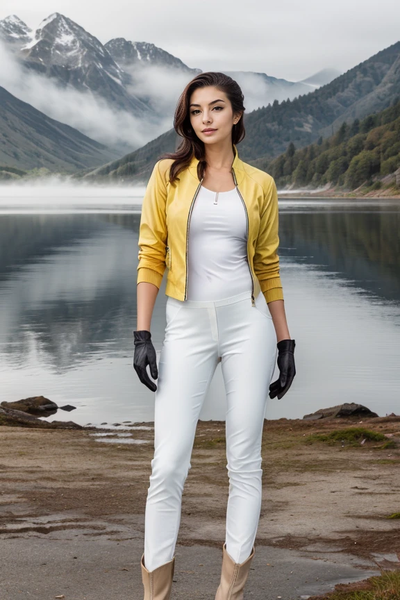 1 woman, detailed, realistic, standing, full body shot, Dawn, misty lakeside with a backdrop of mountains bathed in soft light.
<lora:Red Zip Elegance by Stable Yogi:0.8> yellow jacket, black gloves, white pants, brown knee boots, zipper cleavage