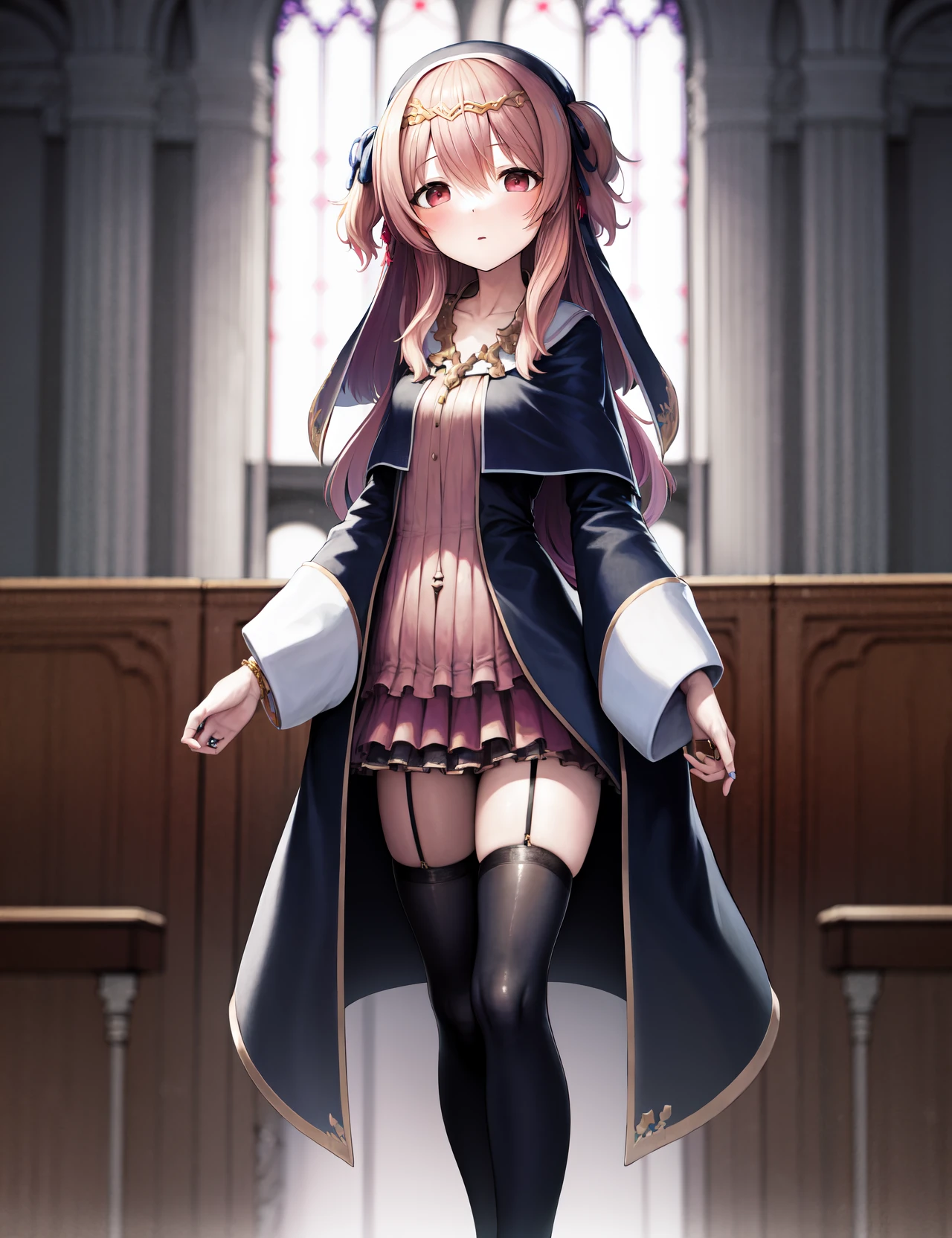 (best quality, masterpiece, detailed, highres:1.4), 1girl, solo,  long hair,  jewelry, two side up, thighhighs, looking at viewer, boots, skirt, hair ribbon, ribbon, collarbone, bracelet, pink eyes, black thighhighs, red eyes,  necklace, circlet, fantasy, hair between eyes, pink hair, tassel, dress, ring, wide sleeves, frills, capelet, light particles, hair ornament, long sleeves, bangs,   knee boots, frilled skirt, bow,  zettai ryouiki, miniskirt,  habit, tiara, pleated skirt, blue ribbon, headdress, hair bow, sunlight,  blush, garter straps, veil,   nun, <lora:ShadowverseLorena768:1>, standing, indoors, in church,