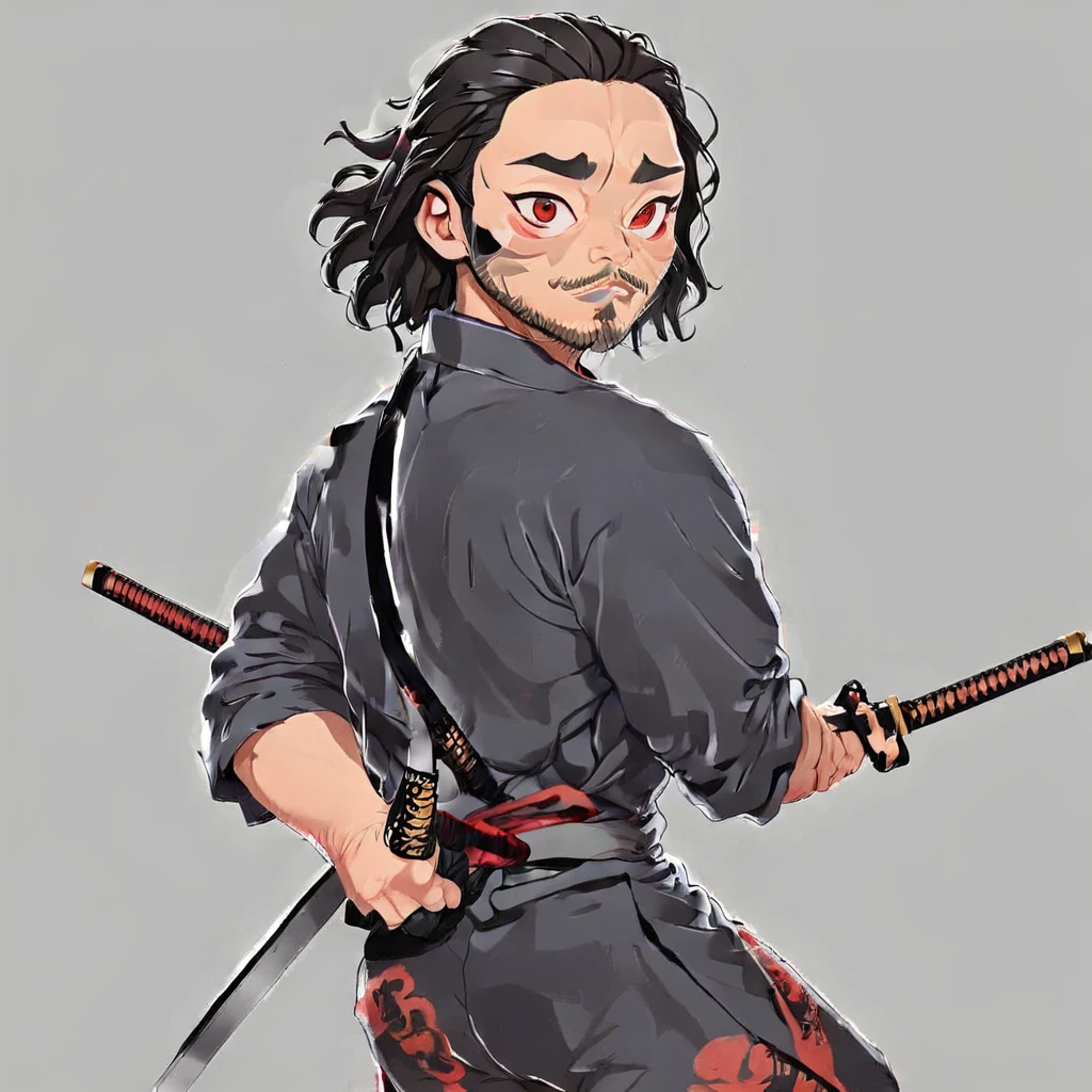 Long black Hair, black samurai Gi, holding Katana, moustache and beard, red eyes, SIDE view, Gray samurai Gi, <lora:ilacartoon-000017:0.7> <lora:Miyamoto_Musashi_Baki:0.8>