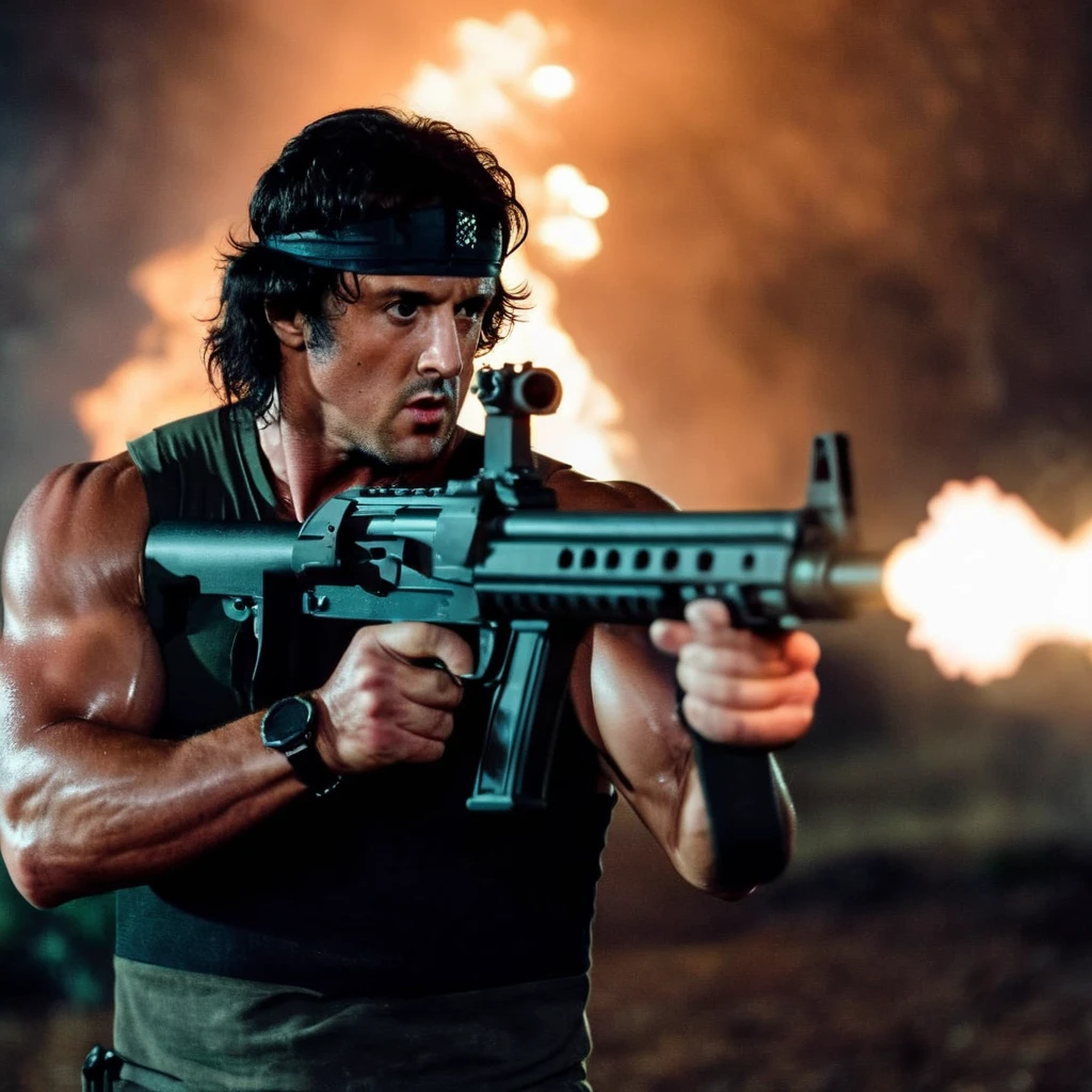 cinematic film still of <lora:Rambo:1>
Rambo a man holding aiming and firing a heavy machine gun with big muzzle flash coming out of the gun, shallow depth of field, vignette, highly detailed, high budget, bokeh, cinemascope, moody, epic, gorgeous, film grain, grainy