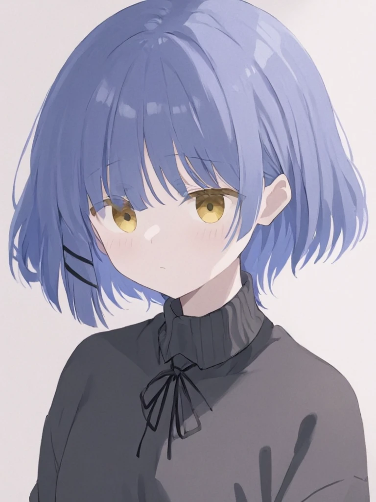 <lora:liang:1>,1girl, solo, blue_hair, shirt, white_background, yellow_eyes, short_hair, mole_under_eye, simple_background, upper_body, mole, bangs, white_shirt, looking_at_viewer, collared_shirt, black_ribbon, ribbon, hair_ornament, neck_ribbon, closed_mouth, black_sweater, hairclip, expressionless, sweater