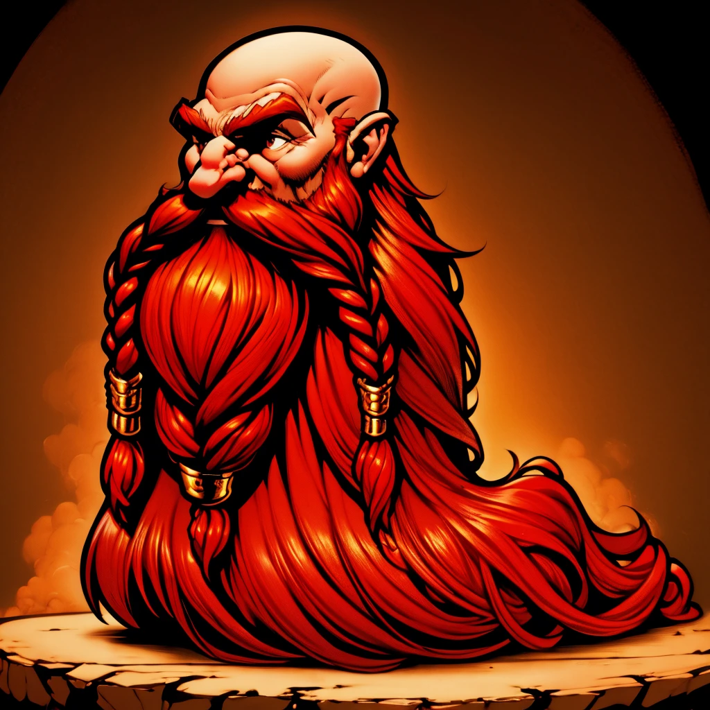 ultra detailed, masterpiece, Harry_Dwarf, dwarf-like, flowing long red beard, braided moustache, bald, bangles <lora:Harry_Dwarf_SD1.5:1>, side view