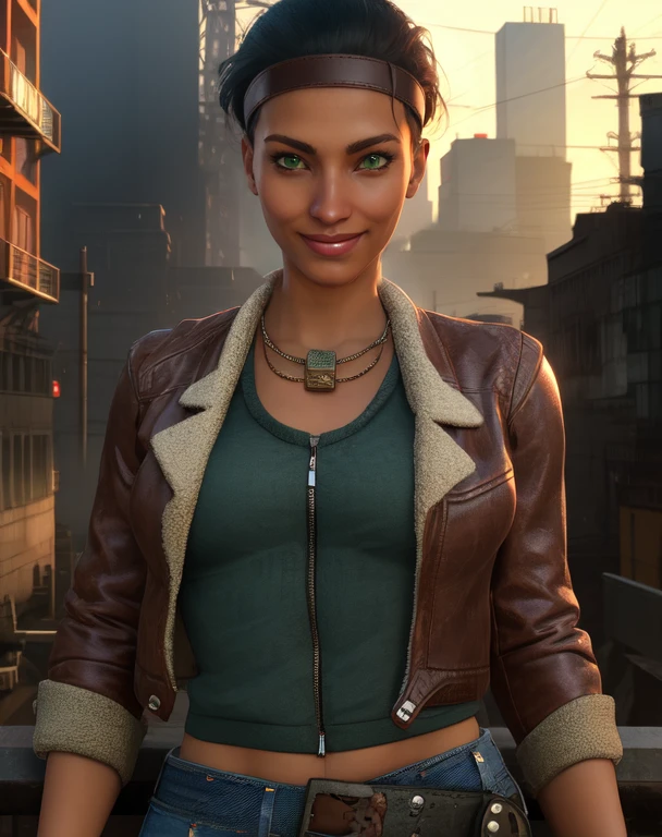 Alyx,black hair,hair slicked back,green eyes,
headband,brown cropped jacket,sweater,belt,jeans,necklace,
standing,upper body,smile,midriff,
industrial city,morning,
(insanely detailed, beautiful detailed face, masterpiece, best quality) cinematic lighting,<lora:AlyxVance:0.8>,