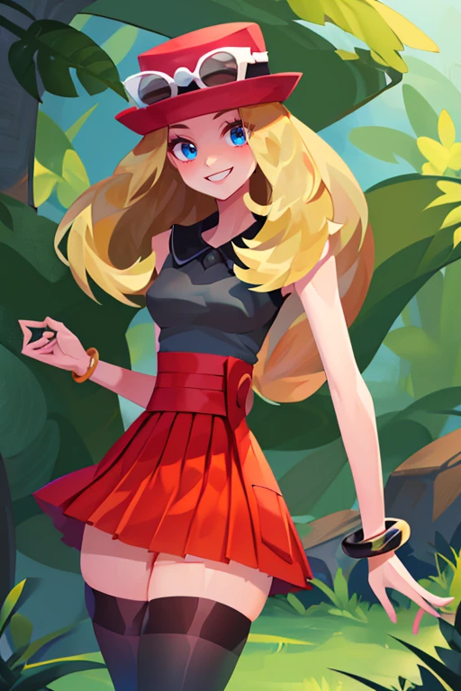 <lora:Iota:0.6>, , ((masterpiece,best quality)), absurdres, <lora:serena_v1:0.7>, serena \(pokemon\), 1girl, long hair, blue eyes, thighhighs, long hair, hat, jewelry, bracelet, black thighhighs, collared shirt, pleated skirt, red skirt, sleeveless, high-waist skirt, sleeveless shirt, eyelashes, pink headwear, black shirt, eyewear on headwear, solo, smiling, looking at viewer, cowboy shot, ,