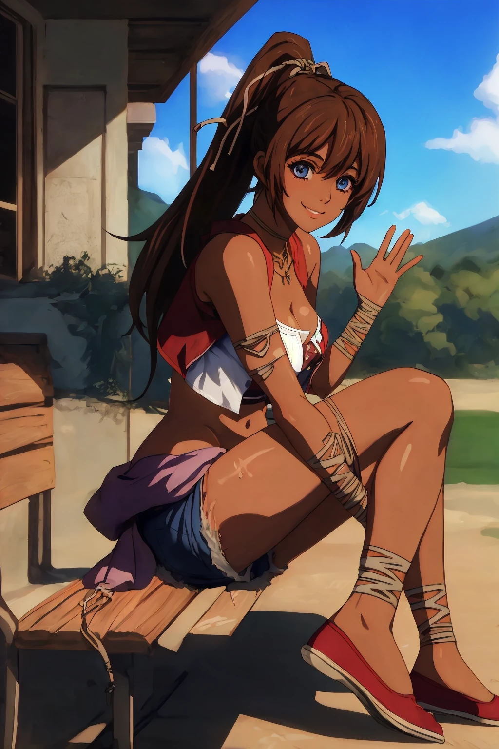 masterpiece, best quality, solo, 1girl, full body, sitting on a bench, legs crossed, <lora:Noloty_Malche_v1-000100:0.9>, library,  dark skin, brown hair, hair between eyes, ponytail, long hair, blue eyes, hair ribbon, choker, neck ring, necklace, jewelry, cleavage, medium breasts, midriff, navel, bandages, open vest, no straps, bare shoulders, purple waist sash, clothes around waist, blue denim shorts, cutoffs, short shorts, red slippers, skindentation,  (thicc thighs:1.2), smiling, waving,