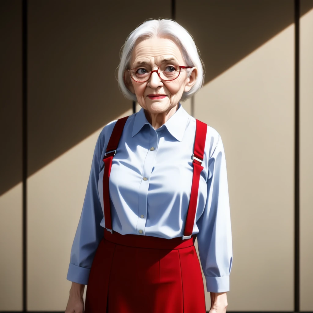 <lora:suspenders_v1:0.5>, red suspenders, old woman, red skirt