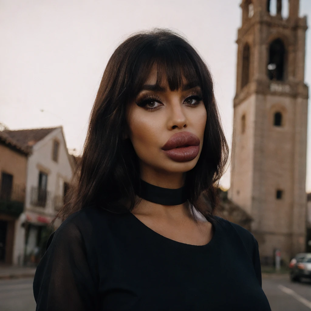 (best quality:1.1), 1girl, short black straight hair, goth, black eyeliner, makeup, (bangs:1.2), bob cut, age 22, cute, choker,
huge lips, big lips, bimbolips, <lora:BimbolipsV2-000003:0.8>,
instant photo, flash photography, old spanish village, church tower,
4k, hi res, RAW photo, low ISO, film grain, dark fantasy, shot on Hasselblad X1 II, 35mm