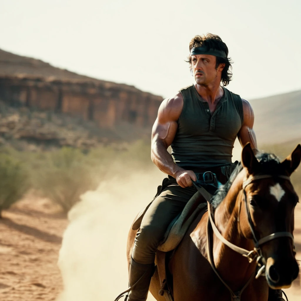cinematic film still of <lora:Rambo:1>
Rambo a man riding a horse through a desert, shallow depth of field, vignette, highly detailed, high budget, bokeh, cinemascope, moody, epic, gorgeous, film grain, grainy