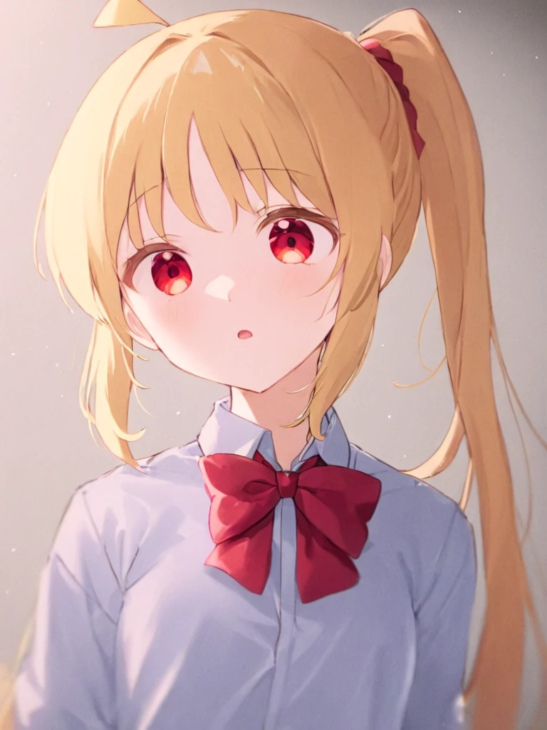 <lora:hongxia:1>,ijichi_nijika,1girl,shirt,solo,blonde_hair,bow,side_ponytail,red_bow,long_hair,ahoge,collared_shirt,bangs,bowtie,red_eyes,school_uniform,red_bowtie,