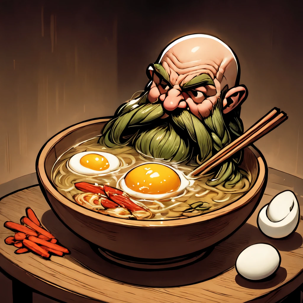 <lora:Harry_Dwarf_SD1.5:1>, Studio Ghibli, cartoon style, magical, Harry_Dwarf, dwarf-like, flowing long green beard, braided moustache,bald, bangles, beautiful lighting, in a bowl of vegetable ramen, clear broth, clear water, ramen, swimming in soup, wooden bowl, on top of a table, floating carrots and cabbage, egg halves, split egg, hard boiled egg