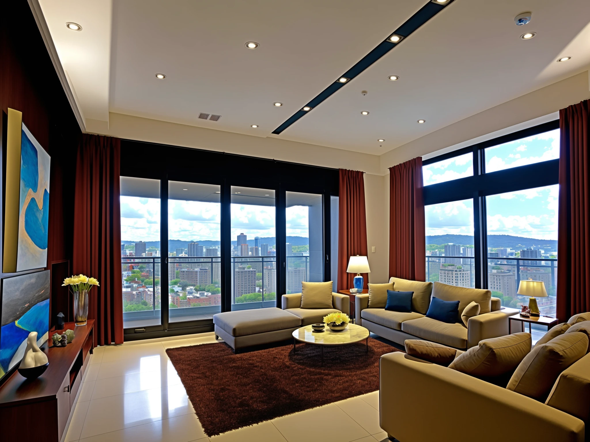 ((best quality)),((masterpiece)),((realistic)), , <lora:JJsLivingRoom:.6>, photorealistic, sky (((living room))) ,indoor scenery, indoor ,wall ,rug , lamp, flower, vase , chair,ceiling light, painting , plant, window ,curtain,couch, pillow,television,balcony, <lora:JJsNordic_Lora:.3>,nordic,