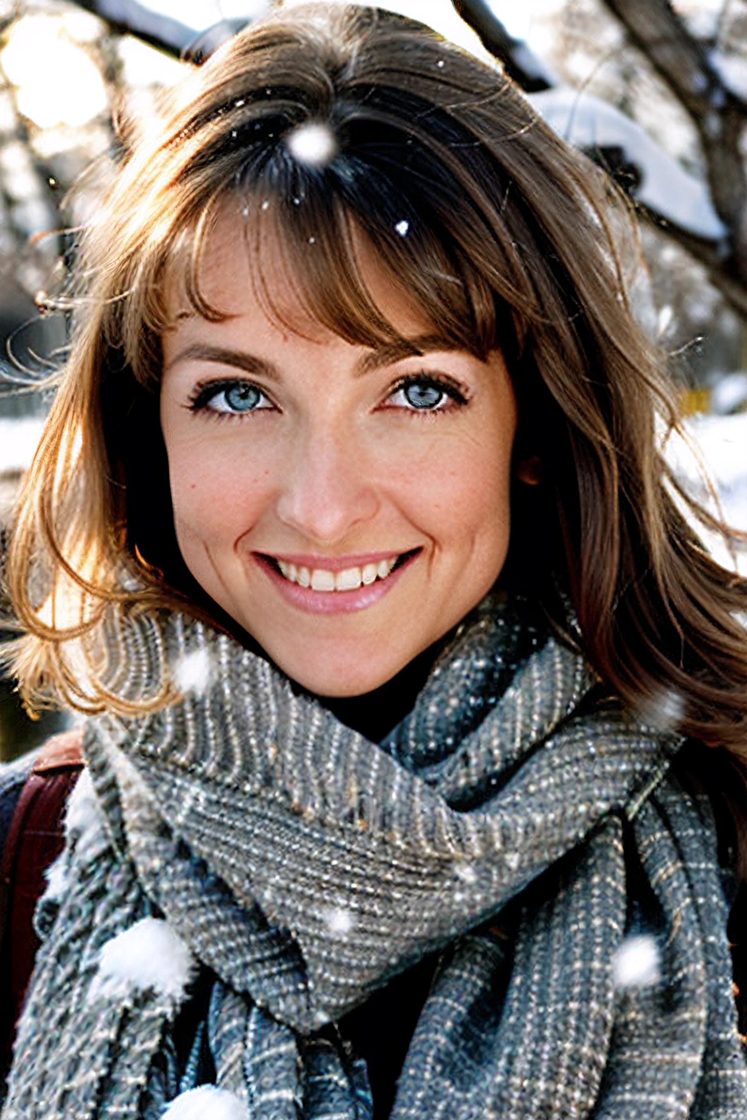 professional glamour photograph of Danni Ashe, heavy eyelids, face details, skin texture, intricate details, wearing a scarf in the snow, dynamic pose,sharp focus, sunbeams, pretty eyes, smiling at camera