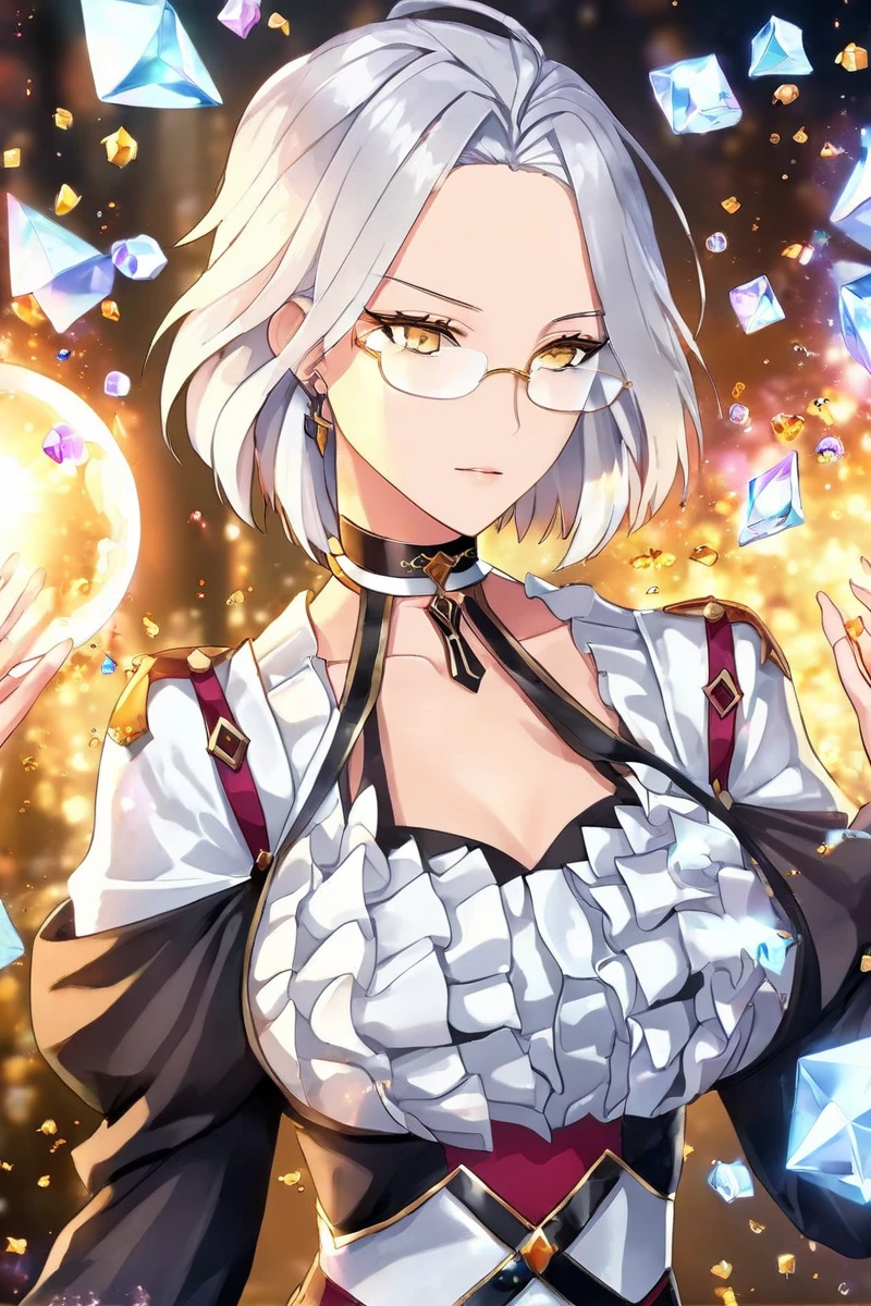 <lora:e7 Sigret XL:0.8> e7 Sigret, walking in a magic  lab, high definition photo, ultra detailed skin, ultra detailed face, small skin imperfections